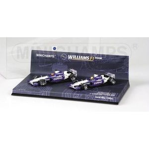 The 1:43 Diecast Modelcars of the Williams BMW FW24 1-2 finish during the Malaysian GP in 2002 . The drivers were R. Schumacher and J.P. Montoya. The manufacturer of the scalemodel is Minichamps.This model is only online available