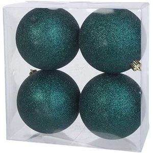 8x Petrol blauwe kunststof kerstballen 10 cm - Glitter - Onbreekbare plastic kerstballen - Kerstboomversiering petrol blauw