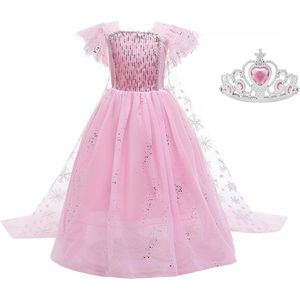 Elsa jurk roze Classic Deluxe 104-110 (110) - lange sleep + kroon Prinsessen jurk verkleedkleding verkleedjurk