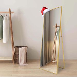 AUFHELLEN Full-Length Mirror with Golden Metal Frame, Standing Mirror, 140 x 50 cm, Large Mirror for Bedroom, Living Room, Hallway and Wardrobe, Rectangular