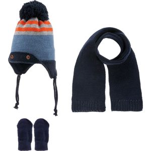 Kitti 3-Delig Winter Set | Muts (Beanie) met Fleecevoering - Sjaal - Handschoenen | 0-18 Maanden Baby Jongens | K22150-09-03 | Navy Blue