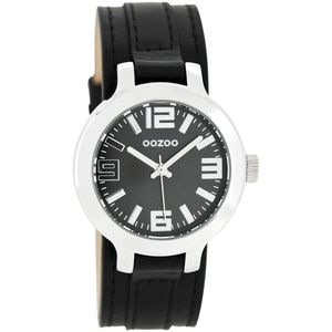 OOZOO Timepieces - Zilverkleurige horloge met zwarte leren band - C8709