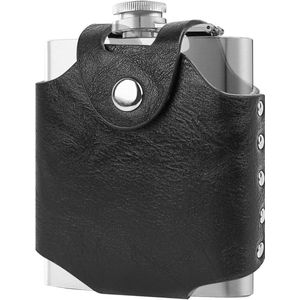 Allecto Plus - Leren hoesje voor heupflacon - Flessenbeschermhoes van vegan leer voor heren - Heupflacondraagtas met riem - Geschikt voor 6 oz fles - Zwart