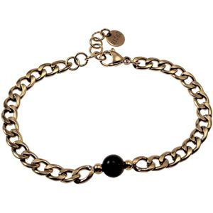 19 tot 22cm Armband Unisex - Verguld RVS - Cubaanse Schakelarmband met Tijgeroog Steen - Dames - Heren