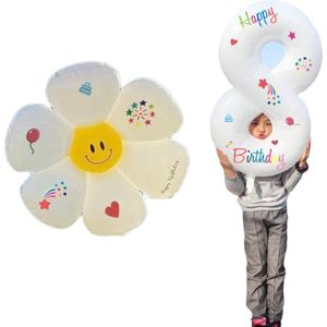 LoHa party®Daisy Folie ballonnen Set-XXL Cijfer Folie Ballon 8-Instagram-Tik Tok-Happy Birthday Sticker -Bloem ballon-Wit-Helium Ballonnen-Bruiloft-Verjardaag-Baby shower-Feestpakket-Viesering-Decoratie-4Stuks