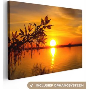 OneMillionCanvasses - Canvas - Zon - Water - Tak - Bladeren - Canvasdoek - 80x60 cm - Canvas natuur - Muurdecoratie - Slaapkamer