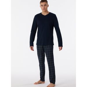 SCHIESSER Fine Interlock pyjamaset - heren pyjama lang interlock V-hals geruit nachtblauw - Maat: S