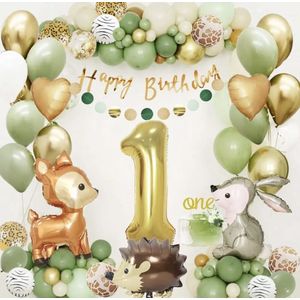 Ballonnen - Groen - Goud - Dieren print - 1 jaar - Baby - Eerste verjaardag - Dieren - Konijn - Hert - Egel - Happy Birthday - Kinderfeestje - Party