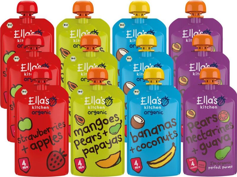 Ella's kitchen 4+ m 12 stuks Knijpzakjes Appel, Banaan, Mango en Peer Pakket