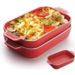 Lasagnepan, 2 stuks 9"" x 5"" rechthoekige keramische braadpanschotels met handvat, gekleurde kleine oven op tafel bakpan, ideaal voor oven Keramische bakpan Lasagne bakpan (rood)