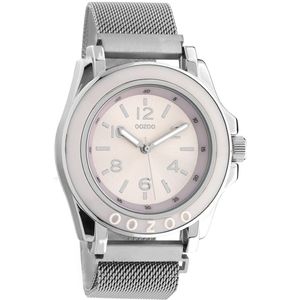 OOZOO Timepieces - Zilverkleurige horloge met zilverkleurige metalen mesh armband - C10739