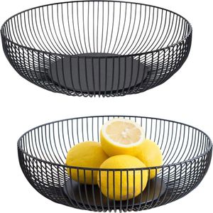 2 fruitschalen, zwart, mat, metaal, rond, modern, platte fruitmand van ijzer, afgerond design, opengewerkte opslag voor groenten, fruit, brood (28 cm x 8 cm