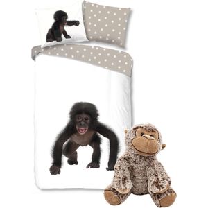 Good Morning Dekbedovertrek Aap met zachte apen knuffel 22 cm -kinder set, slaapkamer dekbed, 140 x 220 cm, pluche aapje speelgoed