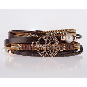 Armband Dames Rosegoud- Leren Wikkelarmband Galeara design Rosekleurig Bruin Dames Levensboom 19,5cm - Galeara design