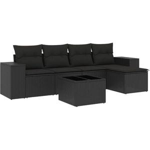 vidaXL - 6-delige - Loungeset - met - kussens - poly - rattan - zwart
