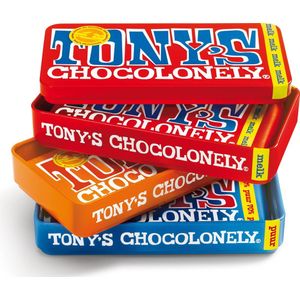 Tony's Chocolonely Stapelblik Cadeau - 3 Chocolade Repen Melk, Puur, Karamel Zeezout - 3 x 180 gram