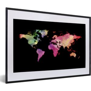 Fotolijst incl. Poster - Wereldkaart - Regenboog - Waterverf - 60x40 cm - Posterlijst