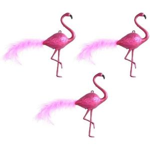 3x Kersthangers figuurtjes flamingo met veer 16 cm - Flamingo thema kerstboomhangers