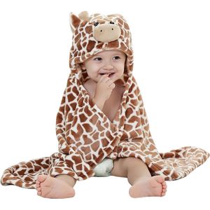 BoefieBoef 2in1 Baby Badcape en Kinder Wikkeldeken met Dieren Capuchon – Fleece Flanel Stof – Peuter Omslagdoek – 0-3 jaar - Kleuter Baby deken - Baby Badjas – Giraffe Bruin Geel