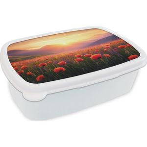 Broodtrommel Wit - Lunchbox Landschap - Zonsondergang - Bloemenveld - Brooddoos 18x12x6 cm - Brood lunch box - Broodtrommels voor kinderen en volwassenen