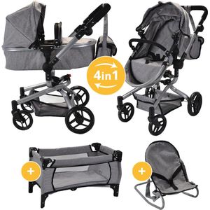 Bandits and Angels Modern Angel 4-in-1 Grijs Poppenwagen vanaf 3 jaar voor Meisjes - Speelgoed Wandelwagen, Buggy, Poppenbedje en Wippertje - Zwenkwielen - met Luiertas - Grijze Poppen Wagen