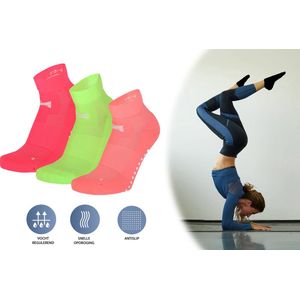 Comfort Essentials - Antislip Sokken Dames - Yoga Sokken Antislip Dames - Unisex - 3 Paar - Neon Kleuren - Maat 39-42 - Huissokken - Pilates Sokken - Sportsokken Dames - Gripsokken Voetbal - Grip Socks