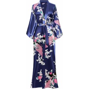 Moondrops - Kimono dames - 100% Satijn - Lang - M/L - Badjas - Pyjama Dames - Japans - Cadeau voor vrouw - Donker Blauw