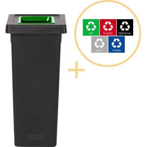 Plafor Fit Bin, Prullenbak voor afvalscheiding - 53L – Zwart/Groen - Inclusief 5-delige Stickerset - Afvalbak voor gemakkelijk Afval Scheiden en Recycling - Afvalemmer - Vuilnisbak voor Huishouden, Keuken en Kantoor - Afvalbakken - Recyclen