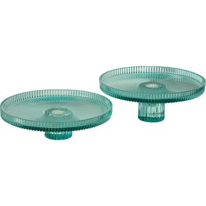 J-Line Cake bord - taartplateau - glas - transparant & azuurblauw - 2 stuks - woonaccessoires