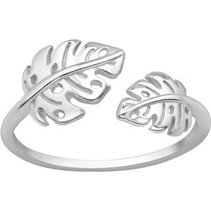 Joy|S - Zilveren blad ring verstelbaar - monstera - (maat 7: zie omschrijving) - aanschuifring - rhodium / gehodineerd