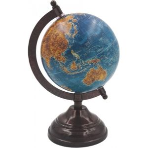 Blauwe Oceaan wereldbol - mooie kunststof wereldbol op metalen voet - 22 cm hoog