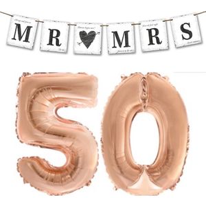 Mr and Mrs Always and Forever set 50 jaar rosé goud met slinger en folie ballonnen - jubileum - trouwen - huwelijk - 50 - rosé goud - slinger - folie ballon