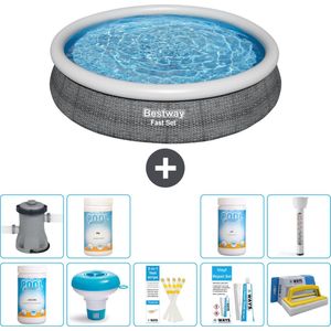 Bestway Rond Opblaasbaar Fast Set Zwembad - Rotanprint - 366 x 76 cm - Inclusief Pomp Chloor - Chloordrijver - Testrips - Reparatiesetje - Scrubborstel - PH-min - PH-plus - Thermometer