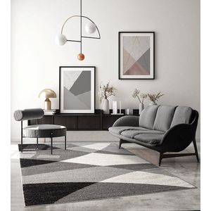 Vloerkleed Thales -140 x 200 cm modern, laagpolig, voor woonkamer, slaapkamer, contour, geometrische patronen, golvend patroon, grijs