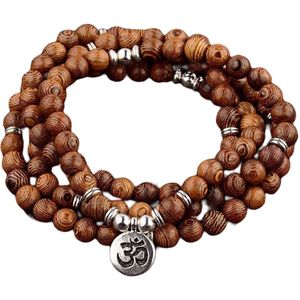 Mala ketting 108 kralen hout Ohm - Armband Tibetaanse Rozenkrans Vrouwen / Mannen - Boeddha - Yoga - Meditatie - Buddha - Om - houten kralenketting