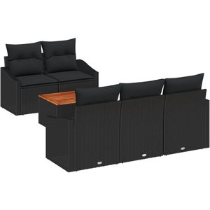 vidaXL - 6-delige - Tuin - Sofa - Set - met - Kussens - Zwart - Poly - Rattan - Acacia
