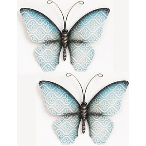 Anna's Collection Wand decoratie vlinder - 2x - blauw - 20 x 14 cm - metaal - muurdecoratie