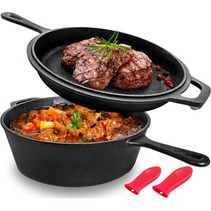 VAIVE 2-in-1 Gietijzeren Braadpan Inductie - Kookpot - Stoofpan - Broodpan - Alle warmtebronnen - Ø26CM - 3,1 L