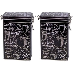 Koffieblik/bewaarblik - 6x stuks - zwart - cafe print - 19 cm - rechthoekig - koffie - bewaarblikken - Koffiepads/koffiecups - filterkoffie
