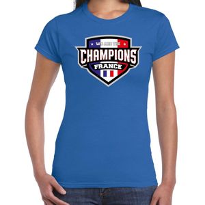 We are the champions France t-shirt met schild embleem in de kleuren van de Franse vlag - blauw - dames - Frankrijk supporter / Frans elftal fan shirt / EK / WK / kleding XS