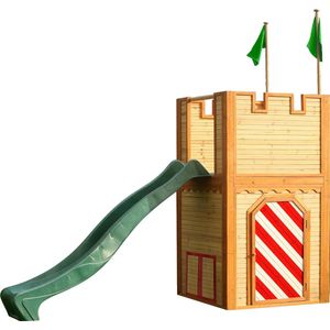 AXI Arthur Houten Speelhuis - Speeltoren met verdieping en Groene Glijbaan - Speelhuisje in Bruin, rood & groen - FSC hout - Speeltoestel / Kasteel voor kinderen