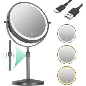 Verstelbare make-upspiegel met verlichting 1X/10x - 3 kleurmodi - 360 graden rotatie - zwart
