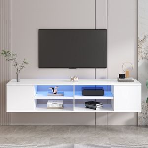 Sweiko Multifunctionele 140cm witte tv-kast met LED-verlichting, verticale en hangende tv-voet, die een stijlvolle opbergoplossing voor uw woonkamer biedt