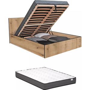 Vente-unique Bed met opbergruimte 140 x 190 cm - Kleur: naturel en antraciet + matras - ELPHEGE L 196.4 cm x H 87.5 cm x D 155 cm