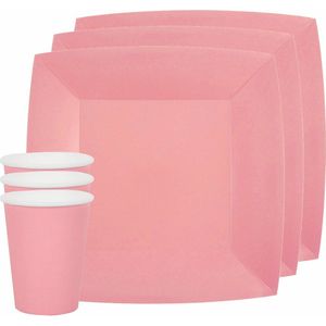 Santex feest/verjaardag servies set - 20x bordjes en bekertjes - roze - karton