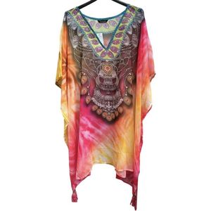 Kaftan/tuniek half transparant met steentjes 33/S One size 95/92cm 38-50 roze/oranje/paars