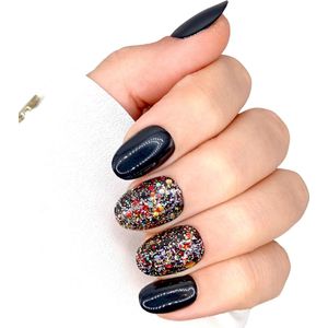 SD Press on Nails - B-169 - Plaknagels - Nagelset 20 Nagels - Zwart Multi Glitter - Gellak - Nagellak - Korte XS almond nagels - Nepnagels met Lijm - Kunstnagels - Nail Art - Handmade - Valse nagels - Nagelvijl - Accessoires