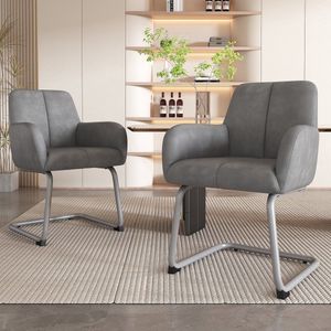 Merax Set van 6 Eetkamerstoelen – Moderne Minimalistische Stoelen met Gebogen Stalen Poten – Kunstleer Stoelen met Ergonomisch Design en Armleuningen - Grijs met Zilver