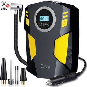 Olvy Elektrische Bandenpomp - Luchtcompressor 12V - Compressor Bandenpomp - Fiets/Auto/Motor/Bal/Luchtbed - Met 4 Opzet Stukken