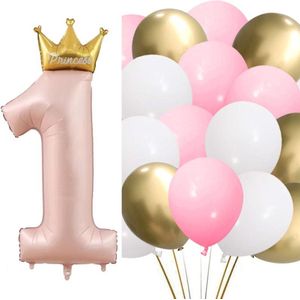 17-delige First Birthday ballonnen set roze, goud en wit - cakesmash - 1 - eerste - verjaardag - ballon - roze - wit - goud